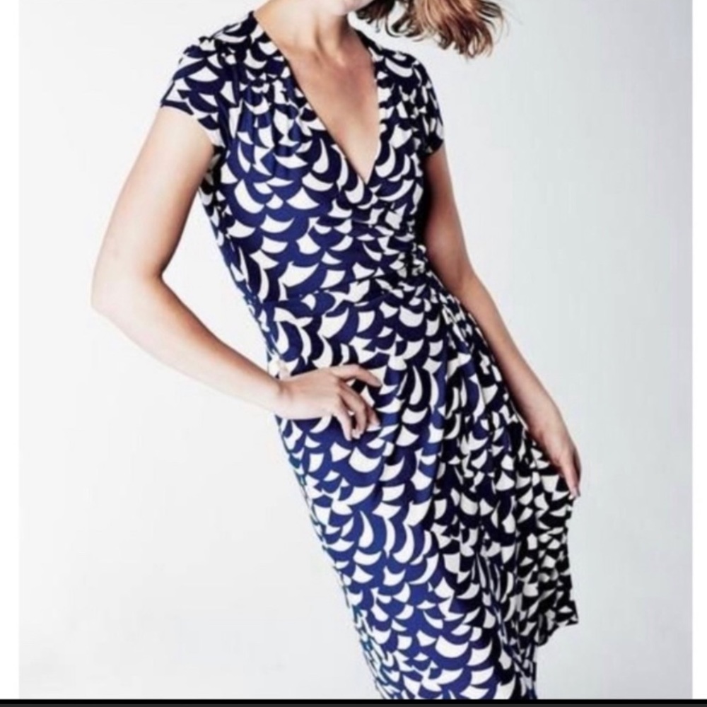 Boden Midi Wrap Dress Cap Sleeve Blue Cream Size 6R